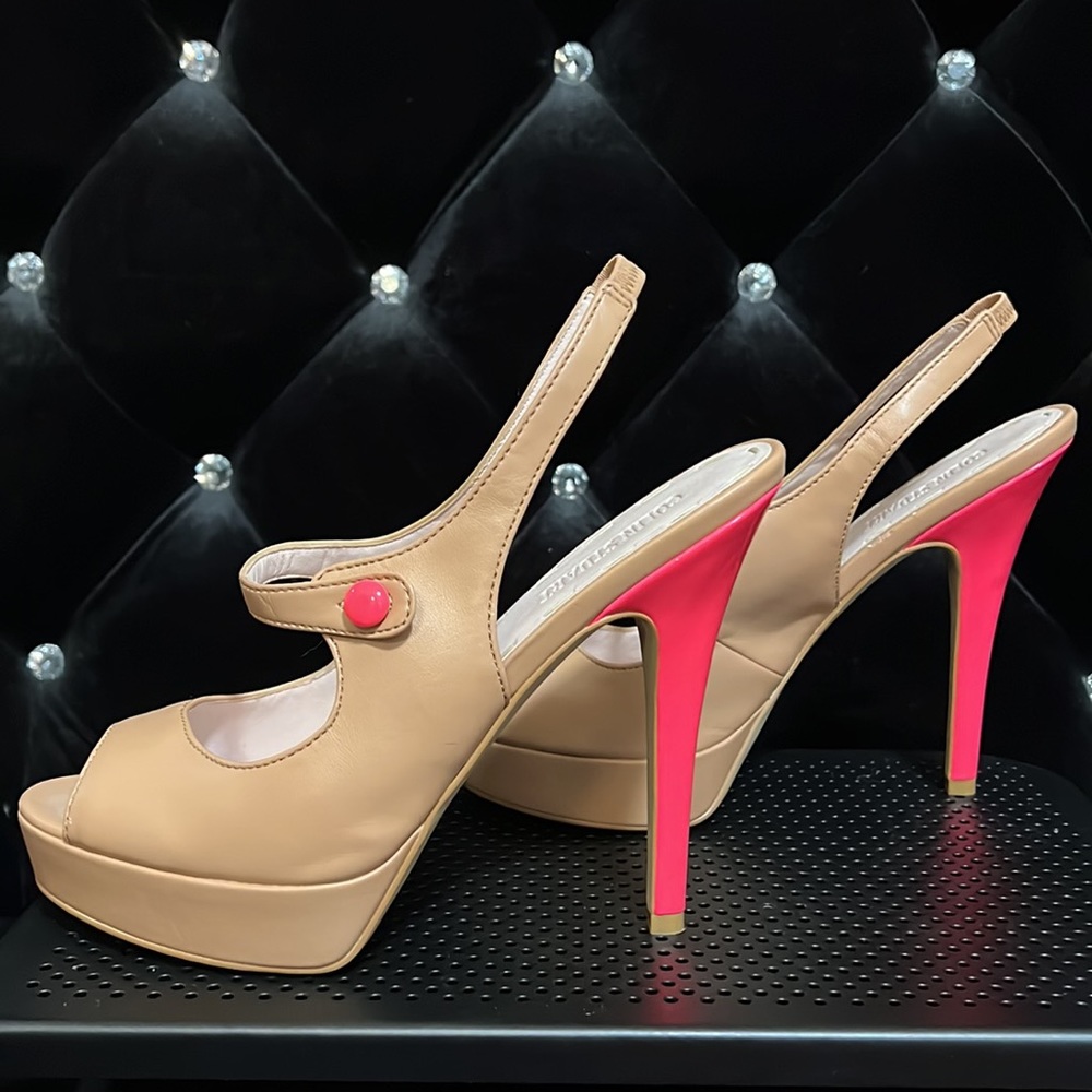 Colin Stuart Platform Peep Toe Heels.  Almond with hot pink button/heels.